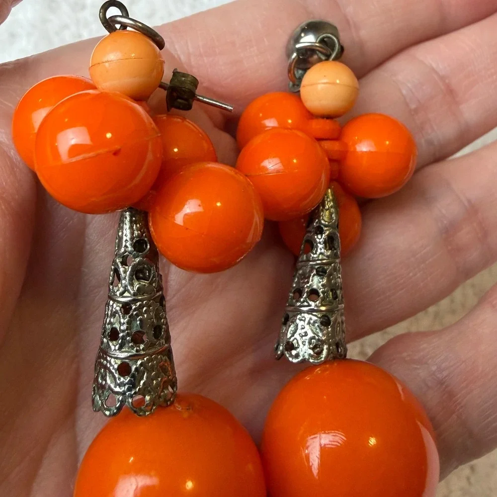 Retro Orange Cluster Bead Drop Earrings Silver Filigree Statement Dangle Boho